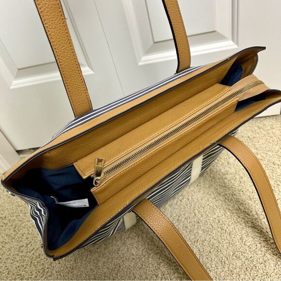 A NEW DAY Striped Tote Canvas Faux Leather Blue White Tan - Picture 8 of 13